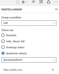 Einstellungen für PLIDS als Startseite in Edge